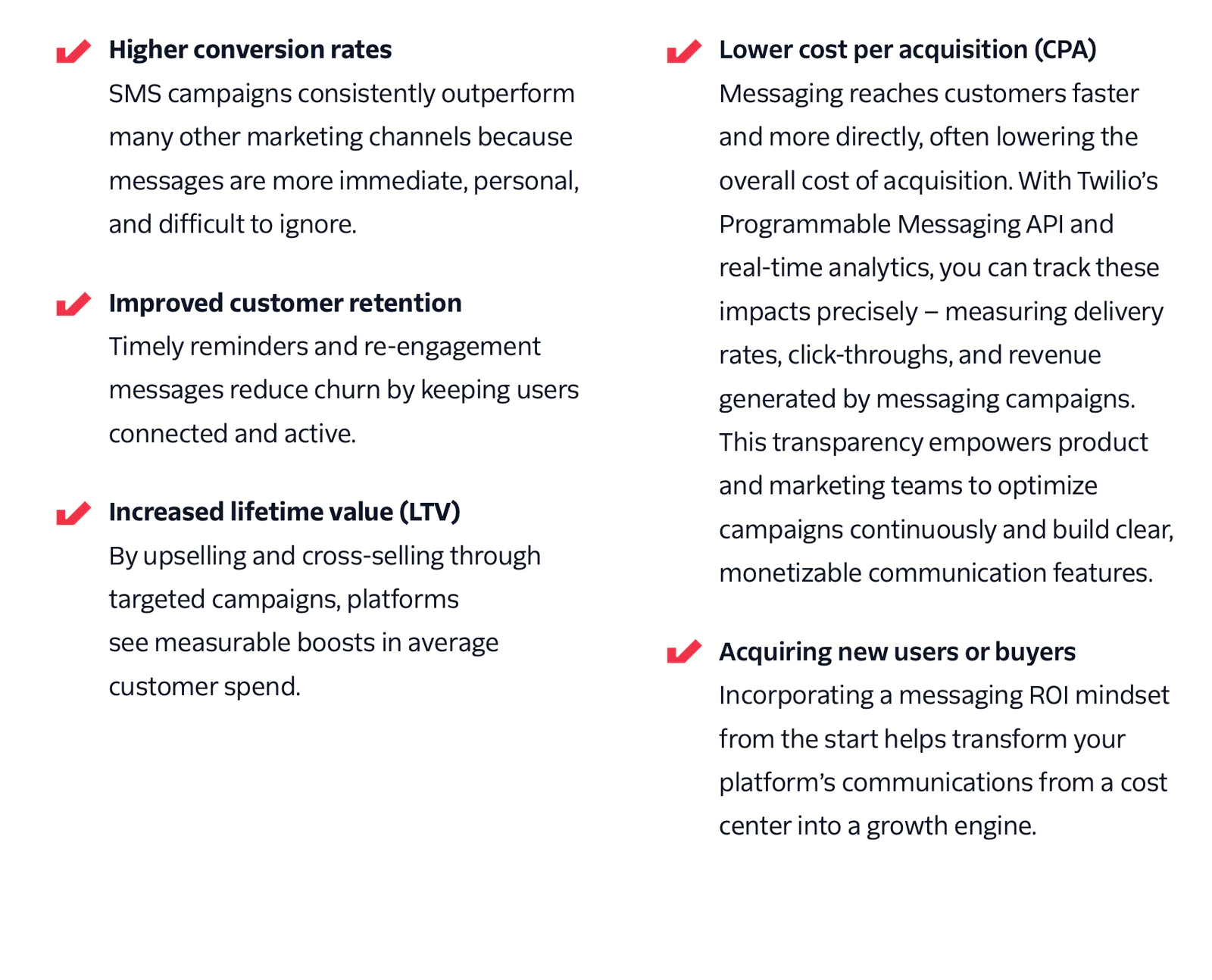 Key benefits of SMS marketing, including higher conversion rates, retention, lifetime value, and lower CPA.