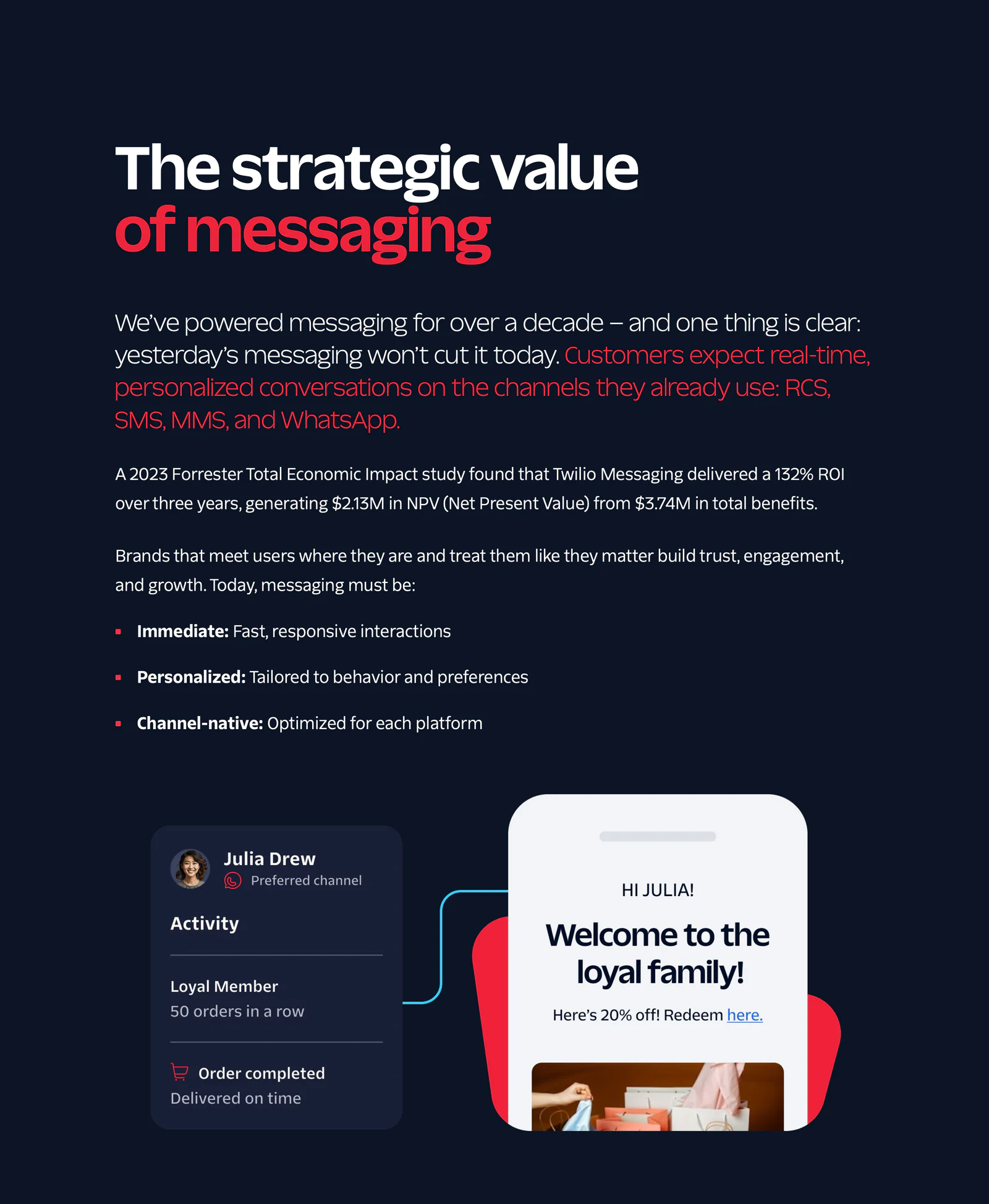 Infographic discussing the strategic value and benefits of messaging for businesses, featuring statistics and user experience highlights.