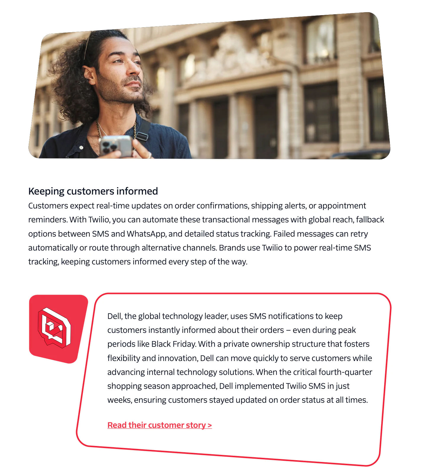 Enhancing Customer Communication with Twilio A man using a smartphone, showcasing Twilio's communication platform for customer updates and engagement.