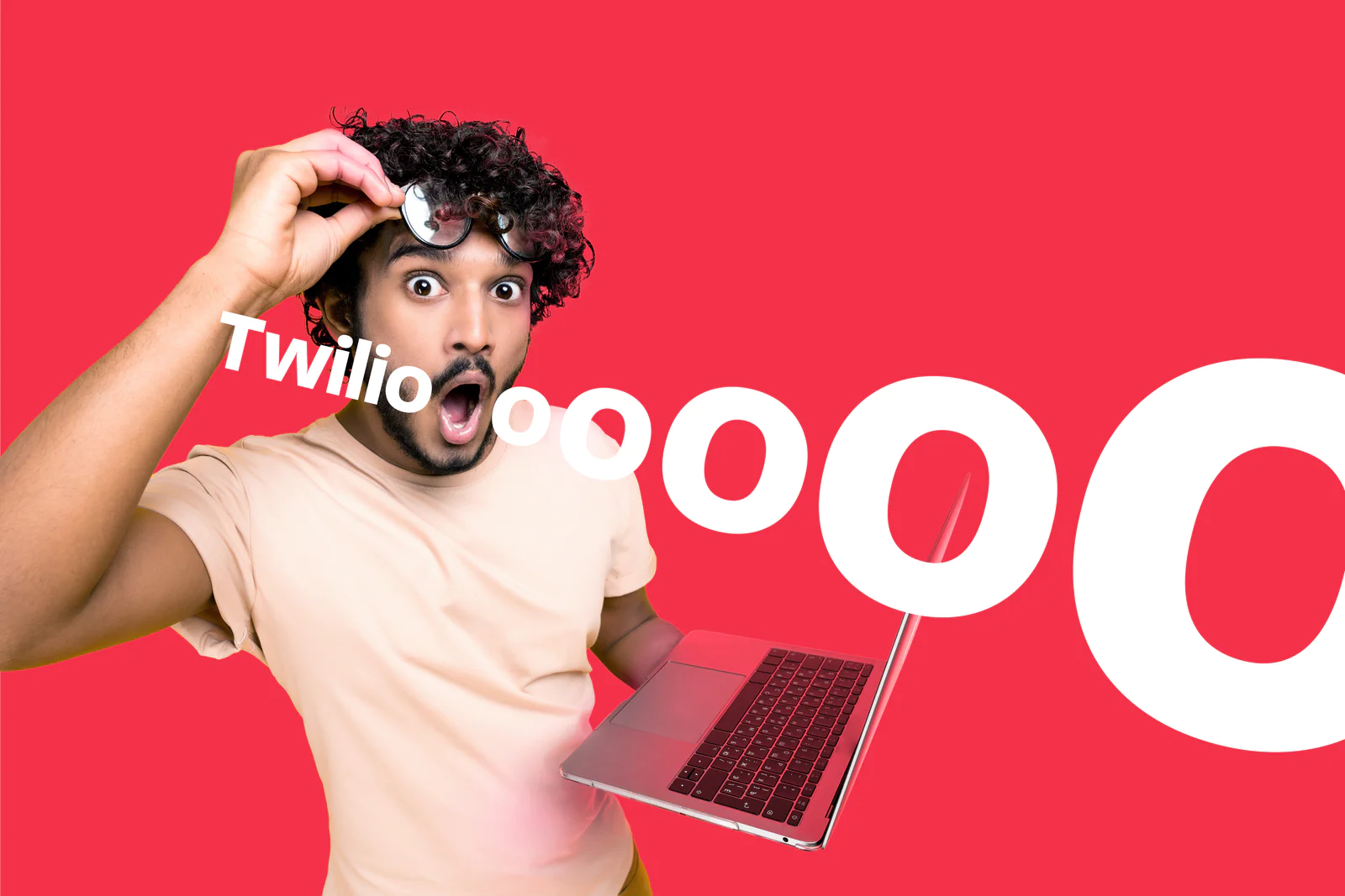Man with wide eyes holding laptop and a magnifying glass, Twilio text and large echoing O shapes on a red background.