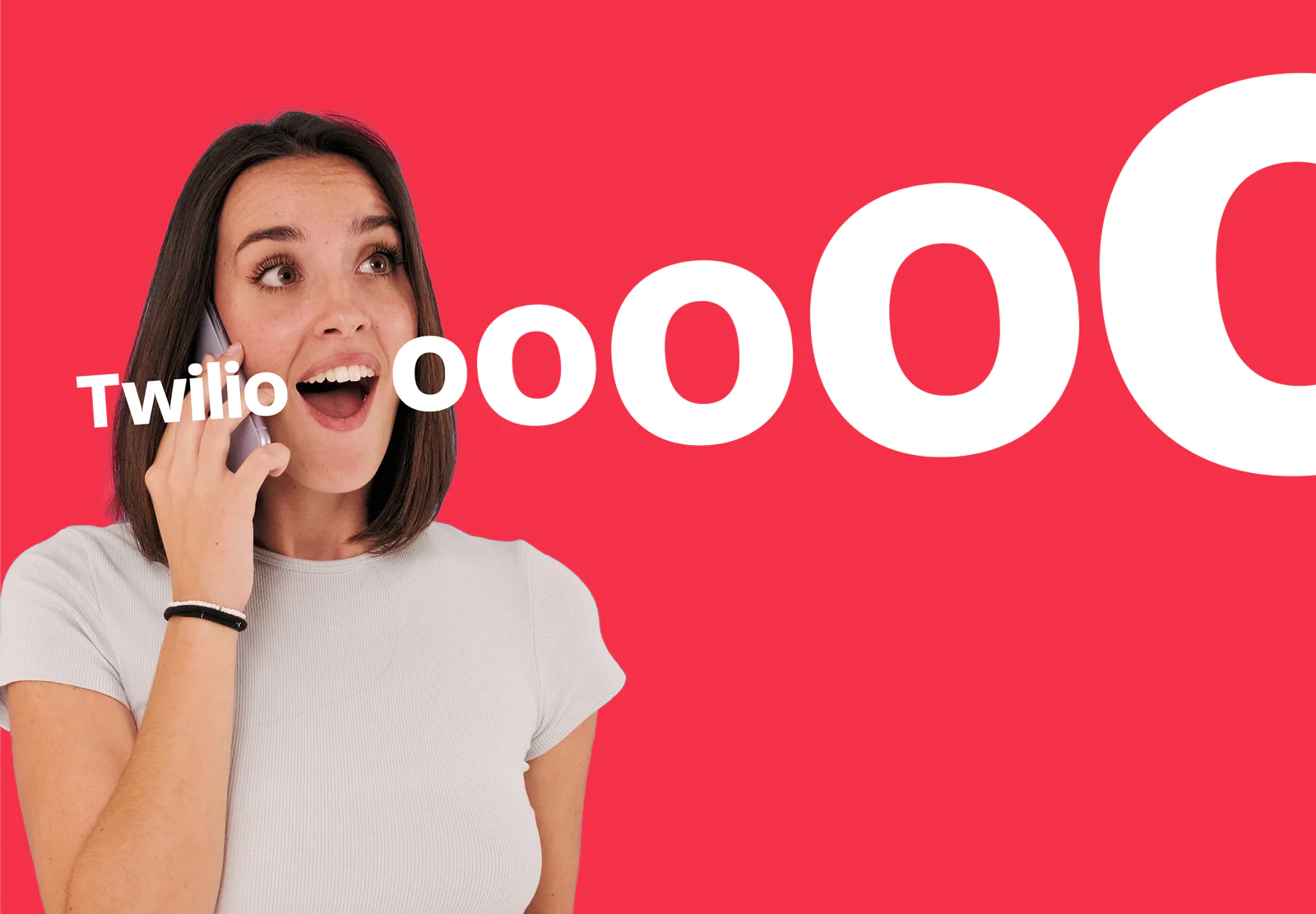 Woman on phone with Twilio oooooO text on a red background.