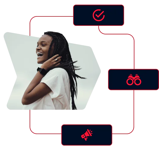 Young woman smiling, with her hand on her neck, surrounded by flowchart icons.