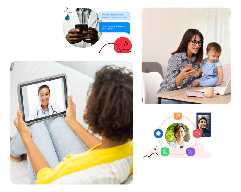 People engaging in virtual consultations with healthcare providers via smartphone and tablet devices.