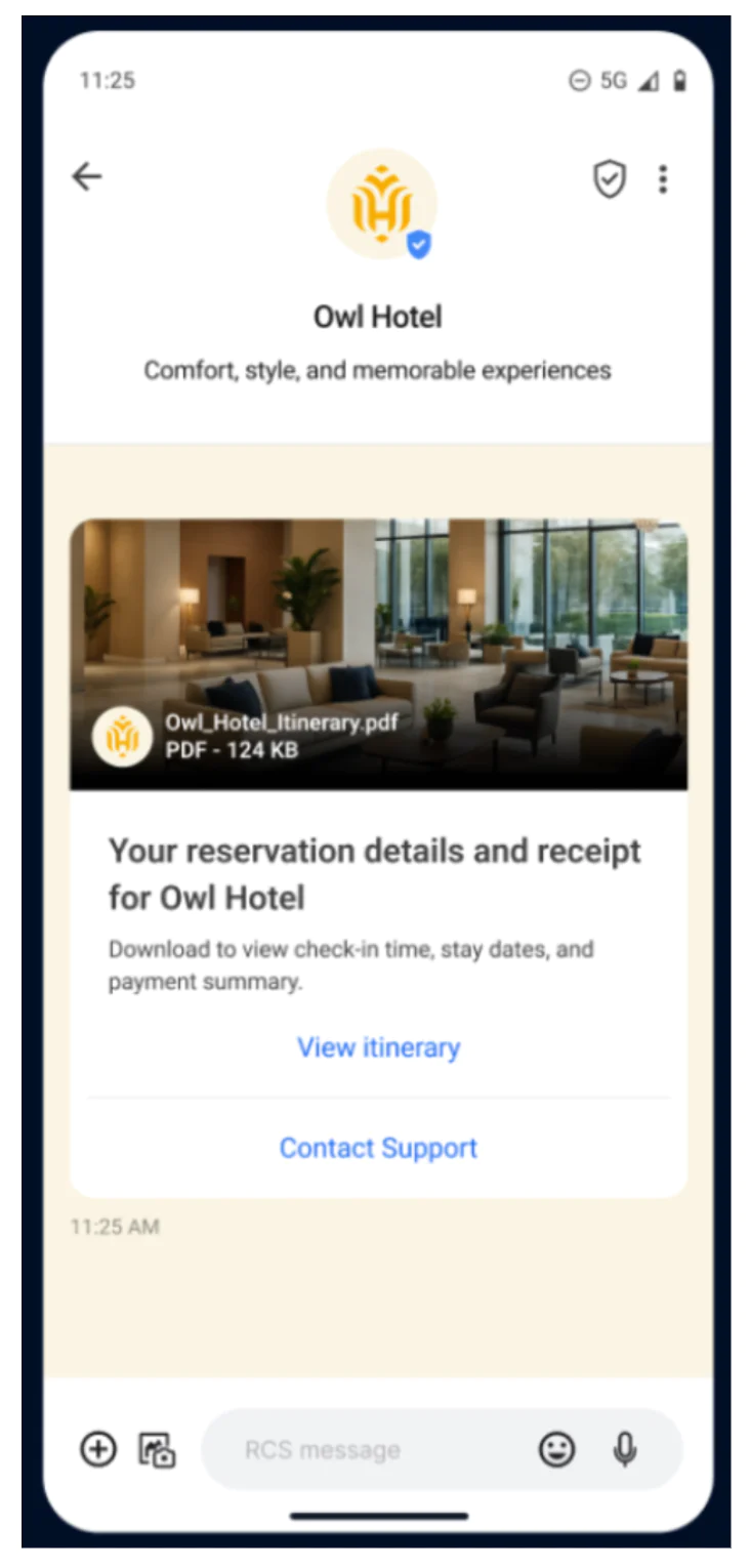 Owl Hotel Reservation Confirmation Screen Smartphone screen showing Owl Hotel reservation details with a PDF download link.