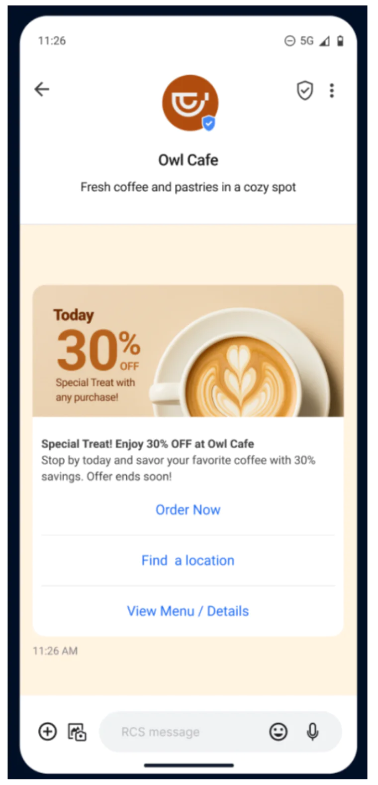 Owl Cafe Special Offer - 30% Off Today Phone screen showing Owl Cafe's 30% discount on coffee with a latte art image.