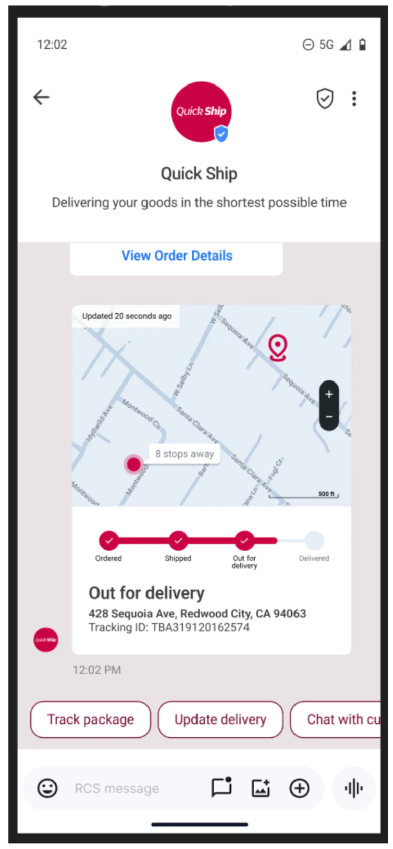 Quick Ship Delivery Status Update on Mobile App Mobile app screen showing Quick Ship delivery status with a map and tracking details.