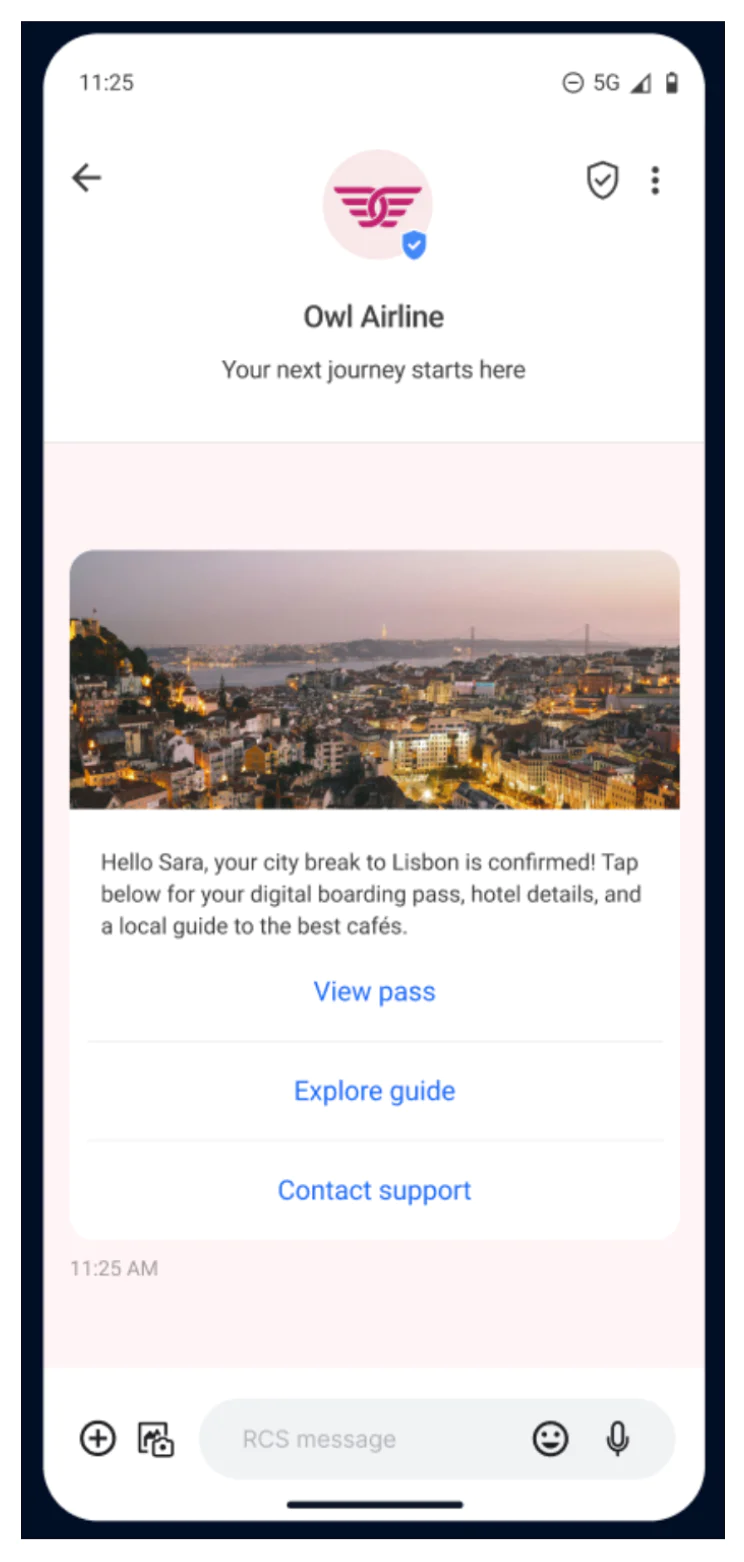 Flight Confirmation Notice - Owl Airline Mobile screen showing Owl Airline flight confirmation to Lisbon with view pass, explore guide, and contact support options.