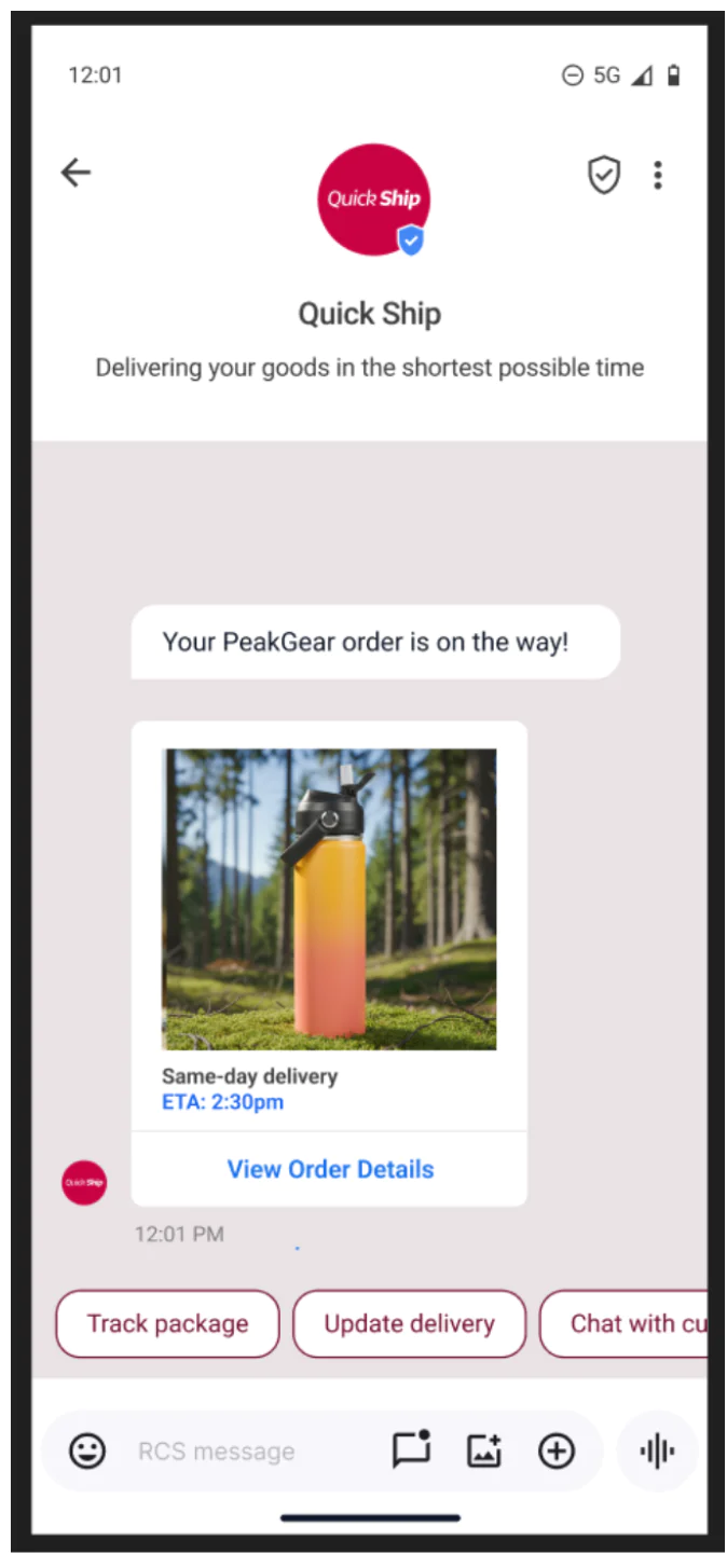 Notification of PeakGear Order Delivery via Quick Ship Screenshot of Quick Ship notification about PeakGear order delivery with same-day ETA.