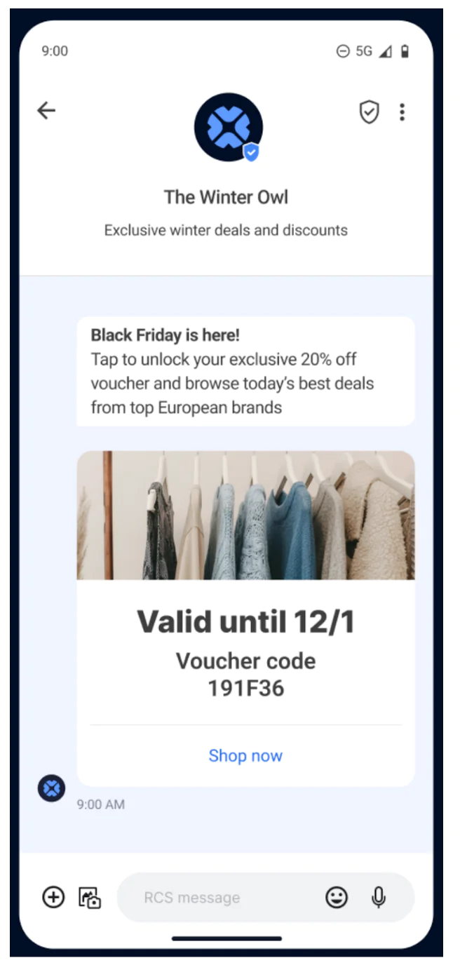 Promotional Message about Black Friday Deals from The Winter Owl Smartphone screen showing a promotional message with discount voucher and winter clothing images.
