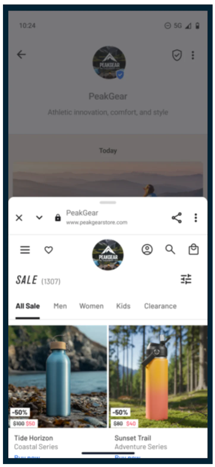 Shopping for Outdoor Gear on PeakGear Mobile App Mobile screen showing PeakGear app with sale items, including blue and orange adventure water bottles.