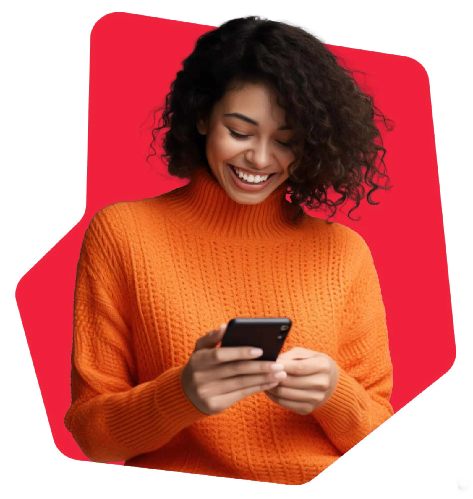 Woman with curly hair in an orange sweater smiling and using a smartphone