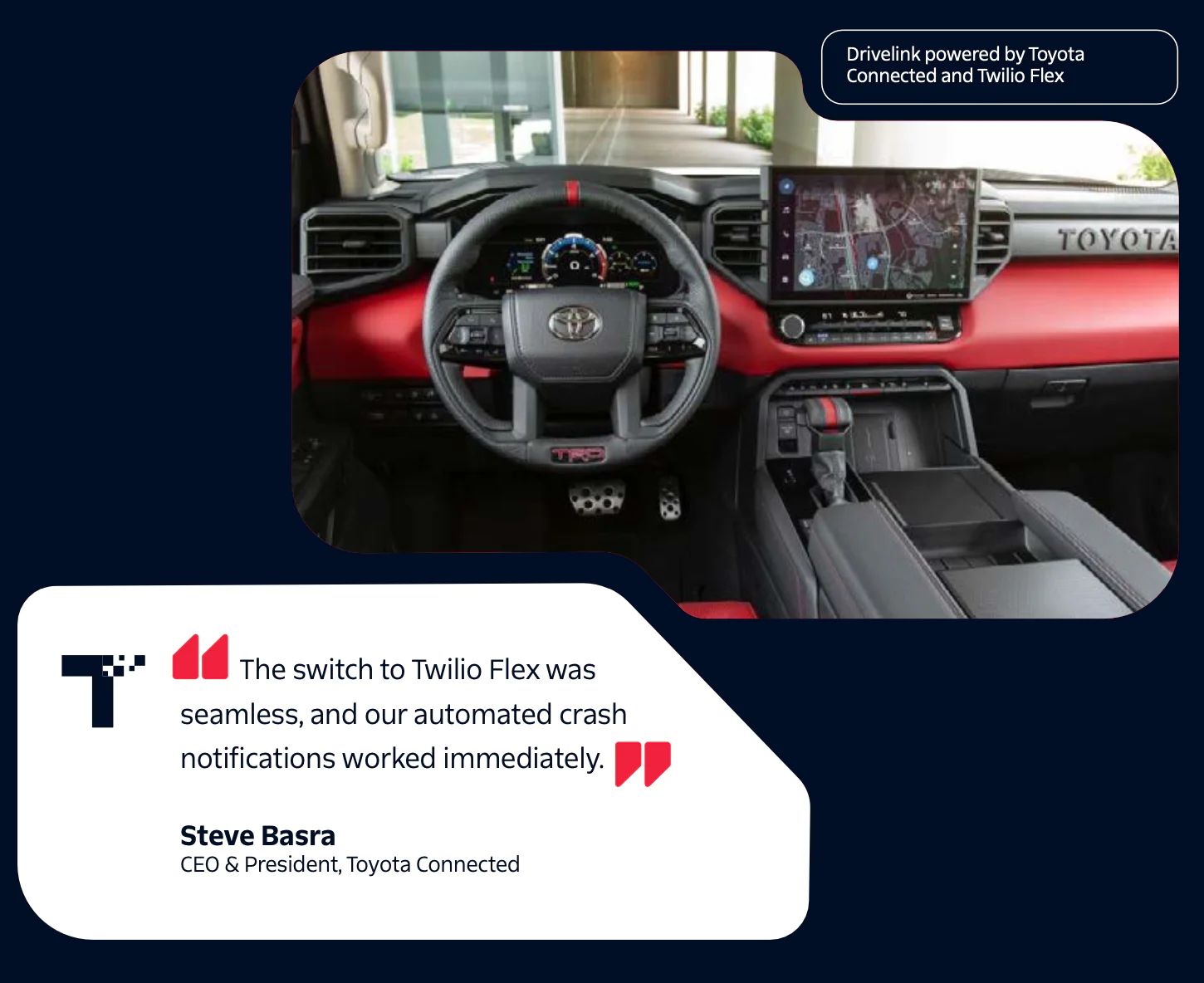 Steering wheel and dashboard of a Toyota car showcasing Twilio Flex integration.