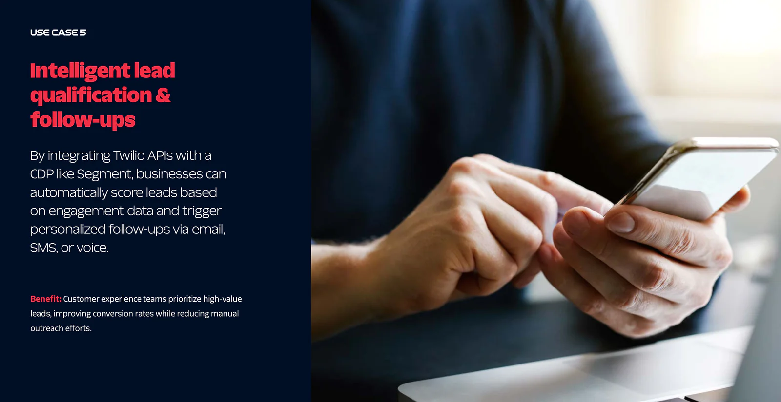 Person using a smartphone next to a laptop, showcasing Twilio APIs for lead qualification.