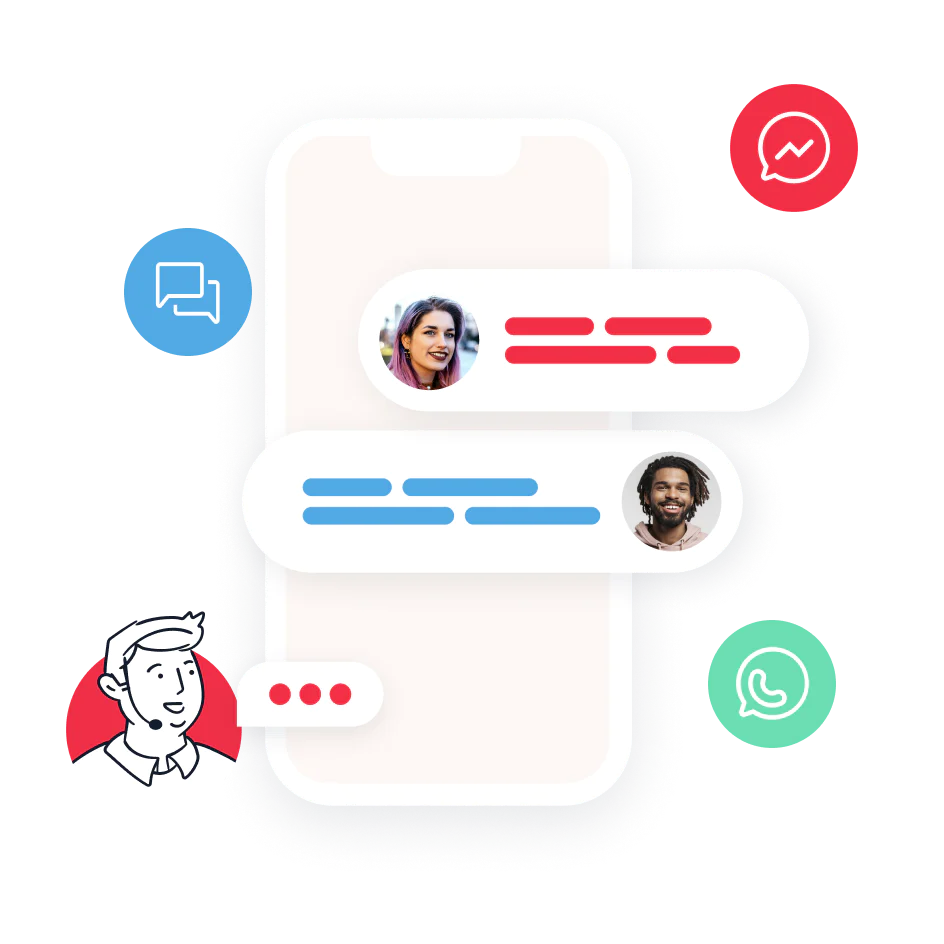 Illustration of communication between a support agent and two users through WhatsApp, SMS and Messenger. 