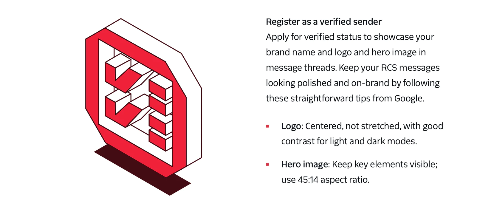 Verified Sender Registration Information with Logo Guidelines 3D checkmark logo with instructions on how to register as a verified sender, showcasing logo and hero image tips.
