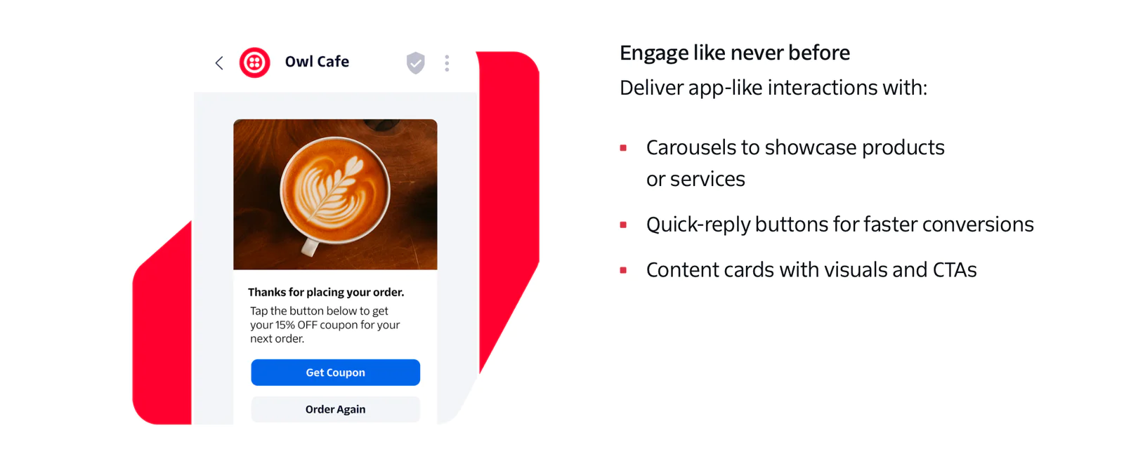 Interactive Coffee Shop Promotion Example Coffee shop app screen with coupon next to feature description text