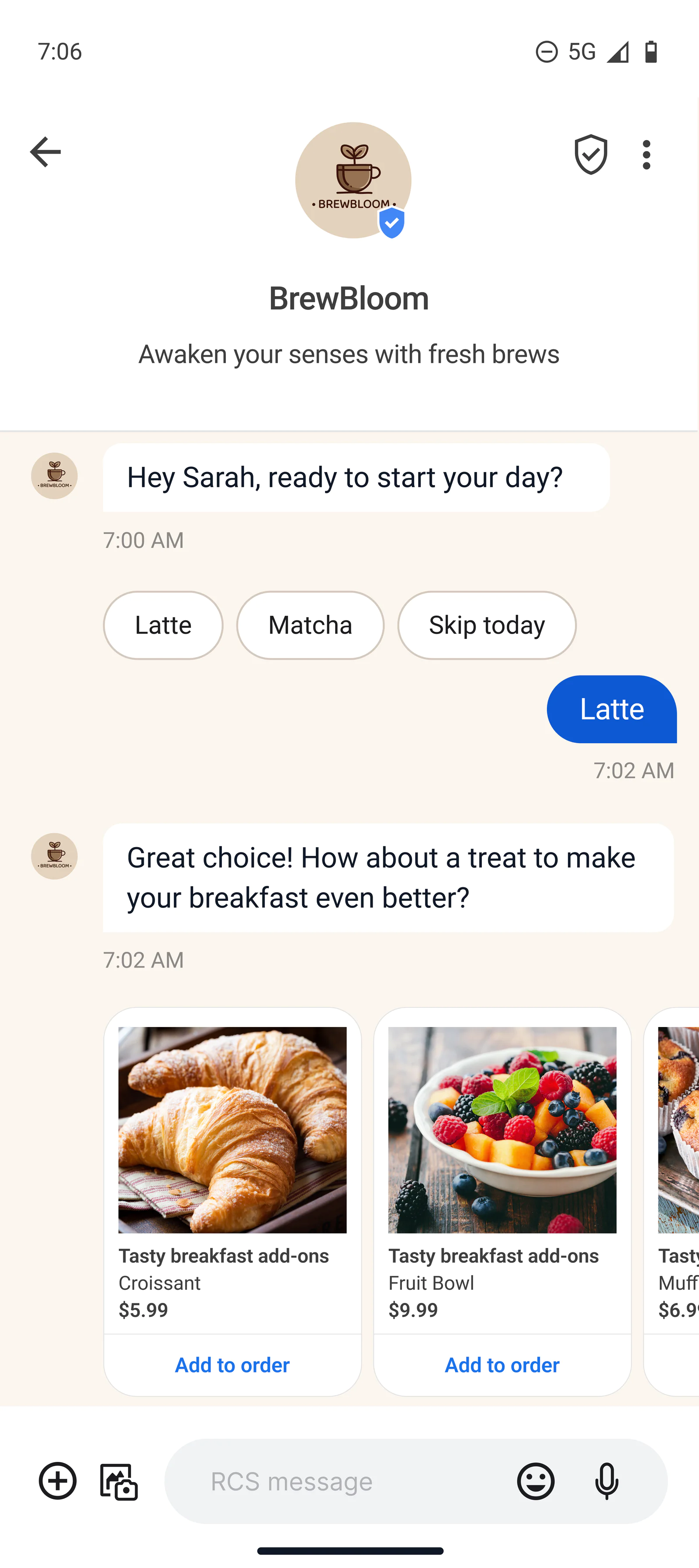 BrewBloom Morning Coffee Choices Chat with options Latte, Matcha, Skip today, and images of croissant and fruit bowl add-ons.