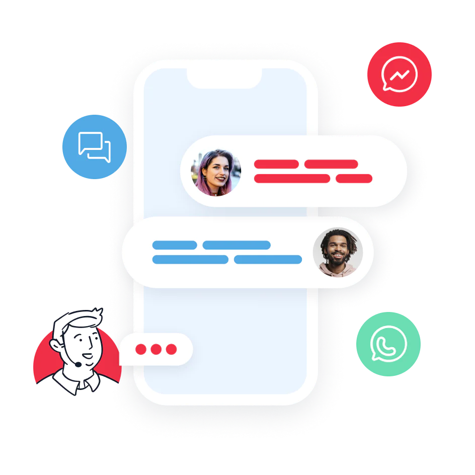 Communication between a support agent and two users through WhatsApp, SMS, and Messenger. 
