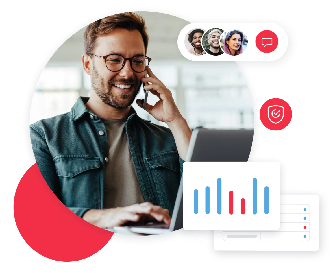 Guy checking his computer and discover how Twilio can  help him to future-proof his communications with transparent total cost and take the ownership. 