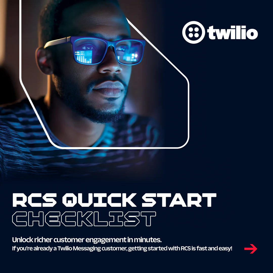 Person wearing glasses looking at a screen with a Twilio RCS Quick Start Checklist.