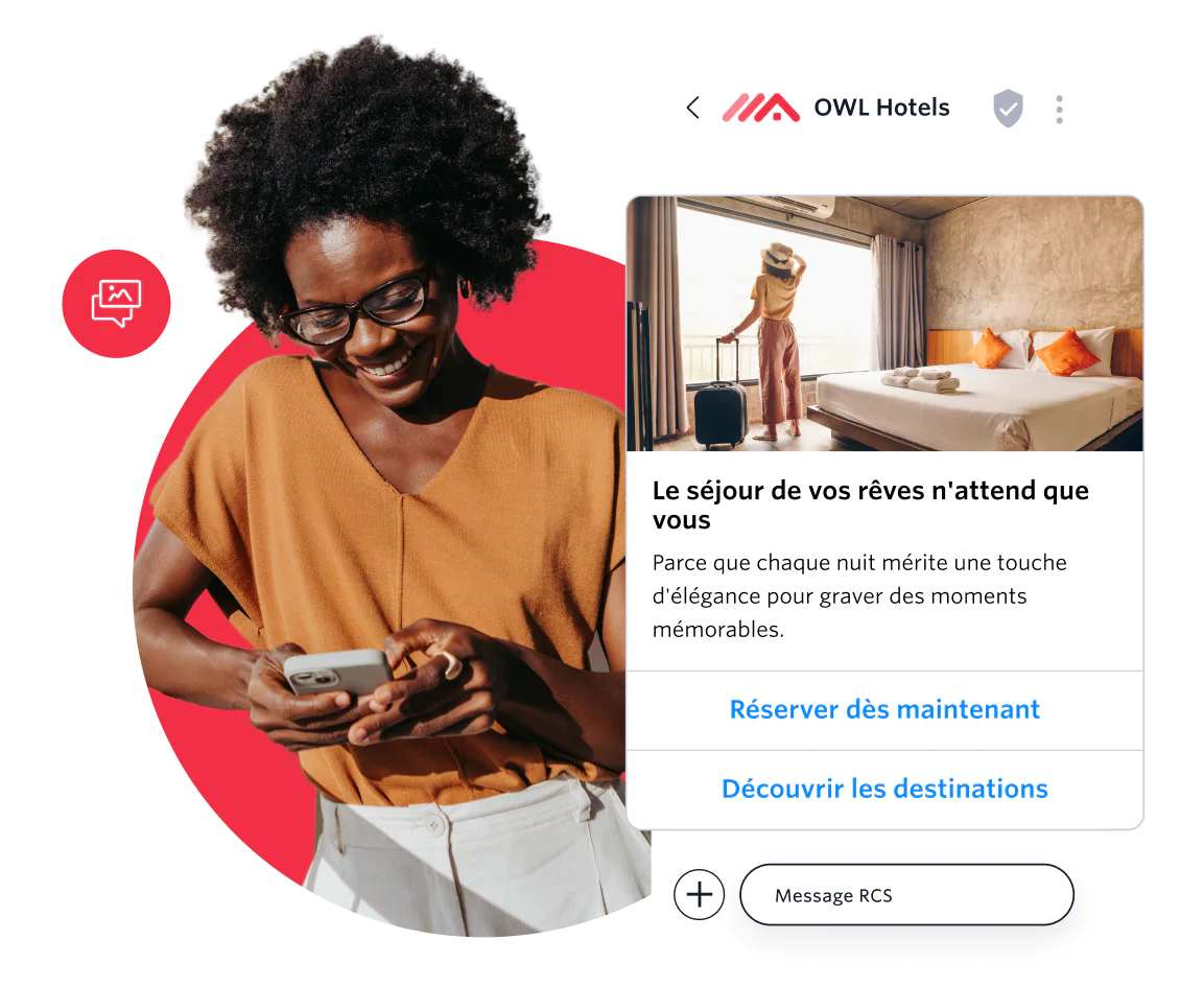 Woman smiling at her phone with a red circular background and OWL Hotels booking ad overlay.