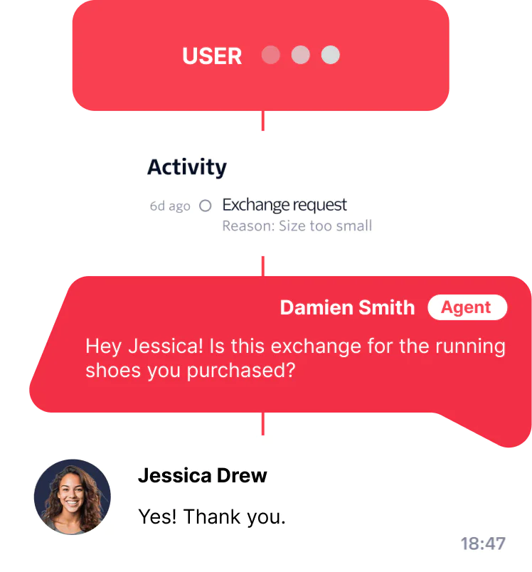 Chat interface showing a customer requesting an exchange for running shoes due to size.