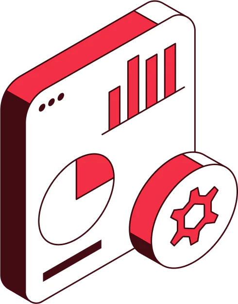Isometric illustration of a data analytics dashboard with charts and a gear icon.