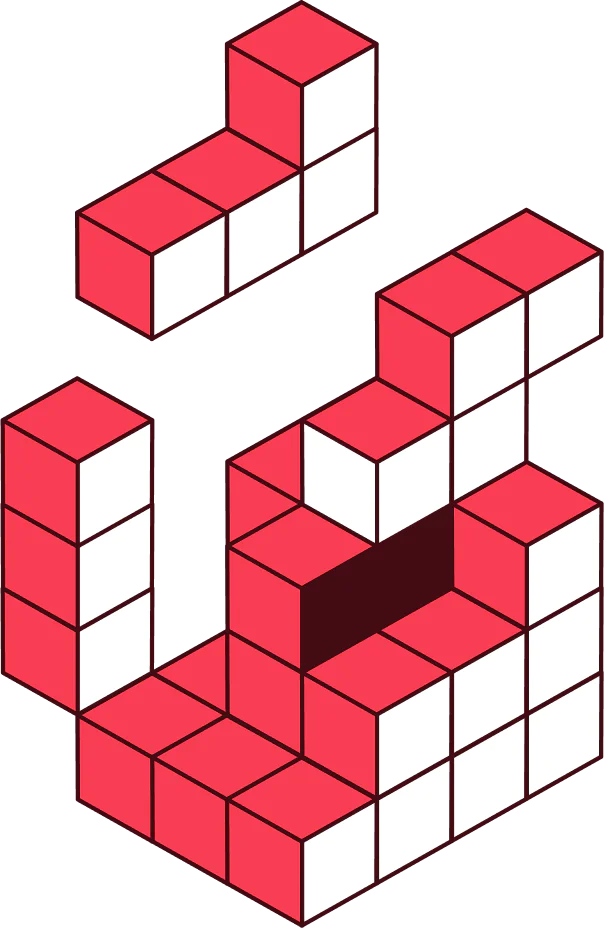 3D shape constructed with red and white cubes, forming an abstract geometric design.