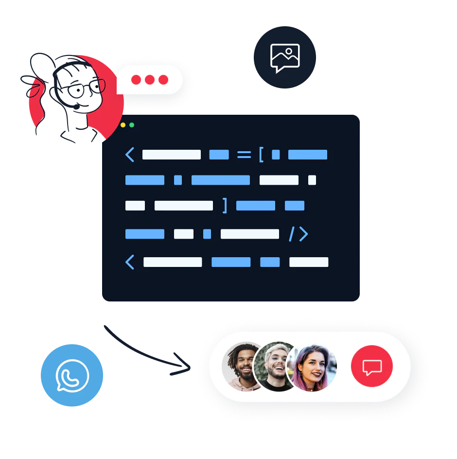 Illustration of transactional SMS, MMS, and WhatsApp messages with a single API.
