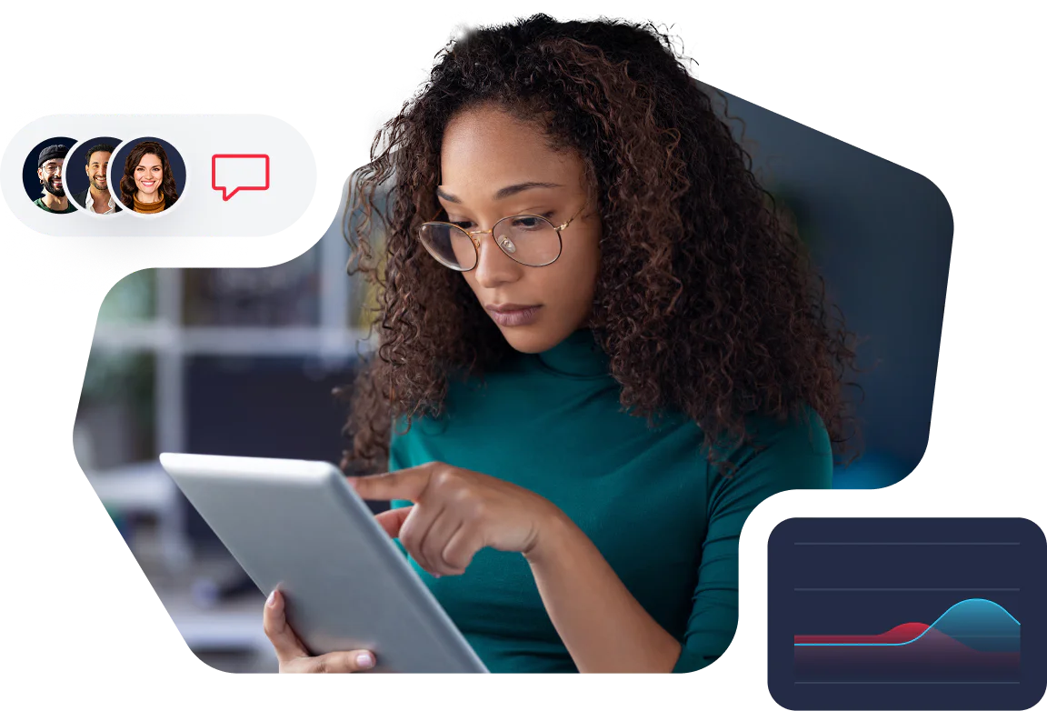 Woman with glasses using a tablet, illustrating team chat and data analytics in the background.