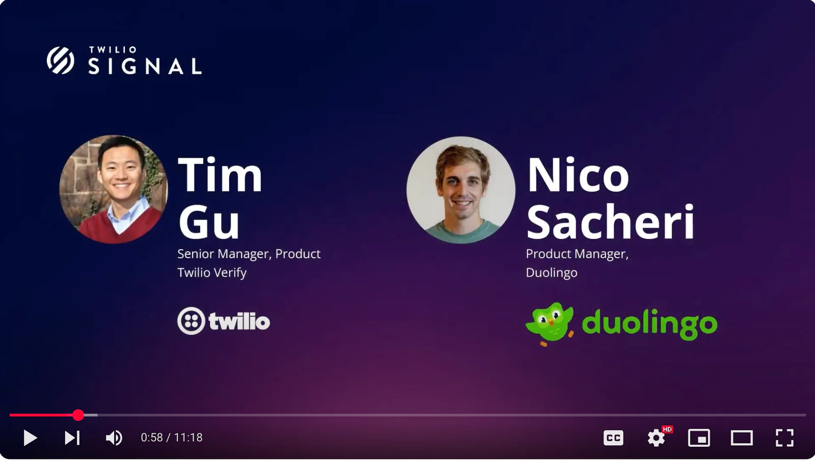 Product managers Tim Gu and Nico Sacheri with Twilio and Duolingo logos on Twilio Signal screen.