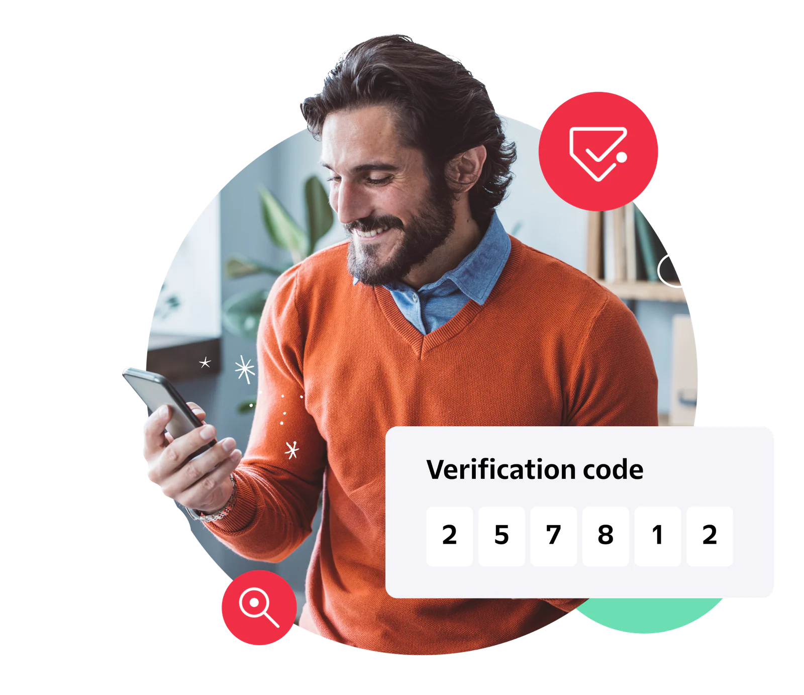 Man smiles while looking at his phone, a verification code displayed on the screen.