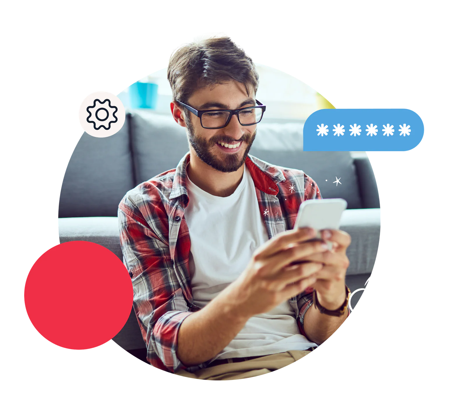 Man with glasses and a beard using a smartphone, surrounded by doodles and icons.