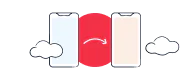 Two smartphones with a data transfer symbol between them, surrounded by two clouds.