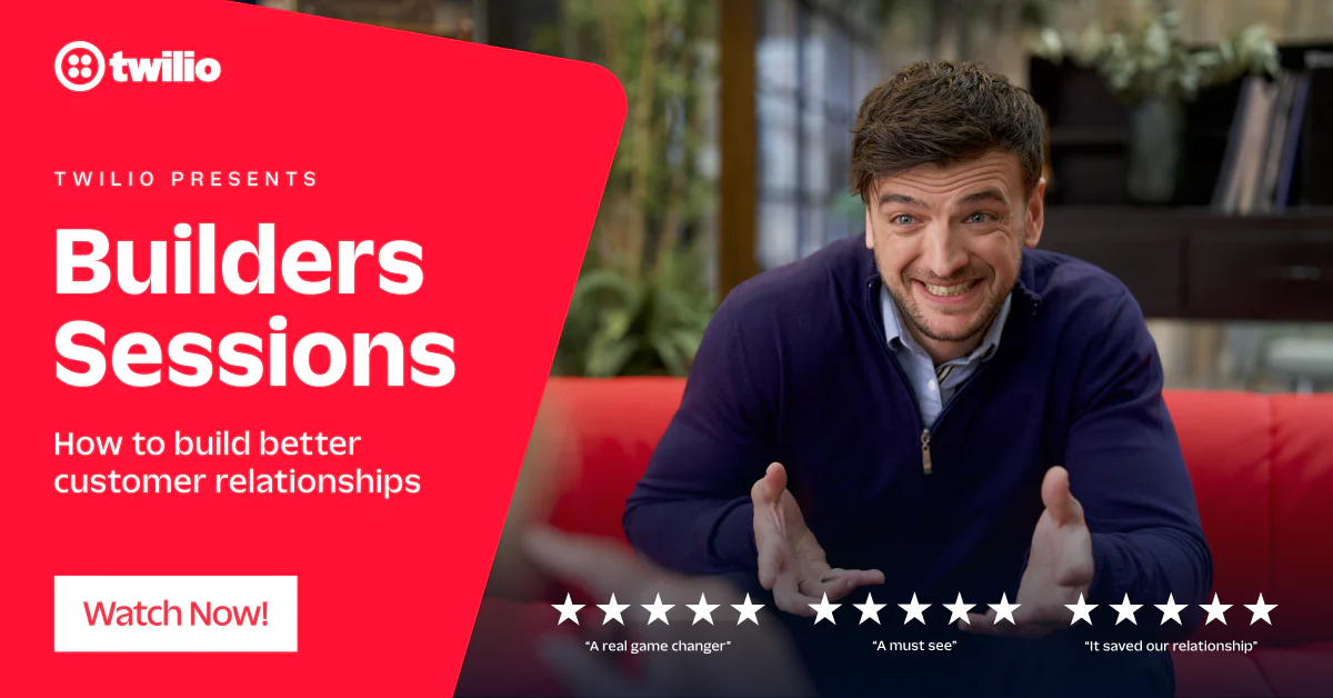 Man smiling and gesturing with the Twilio Builder Sessions promotional banner in the background.