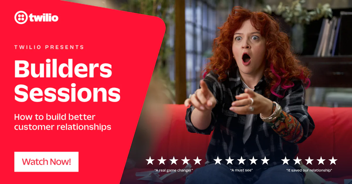 Woman with red hair looking surprised in Twilio Builder Sessions promotional image.