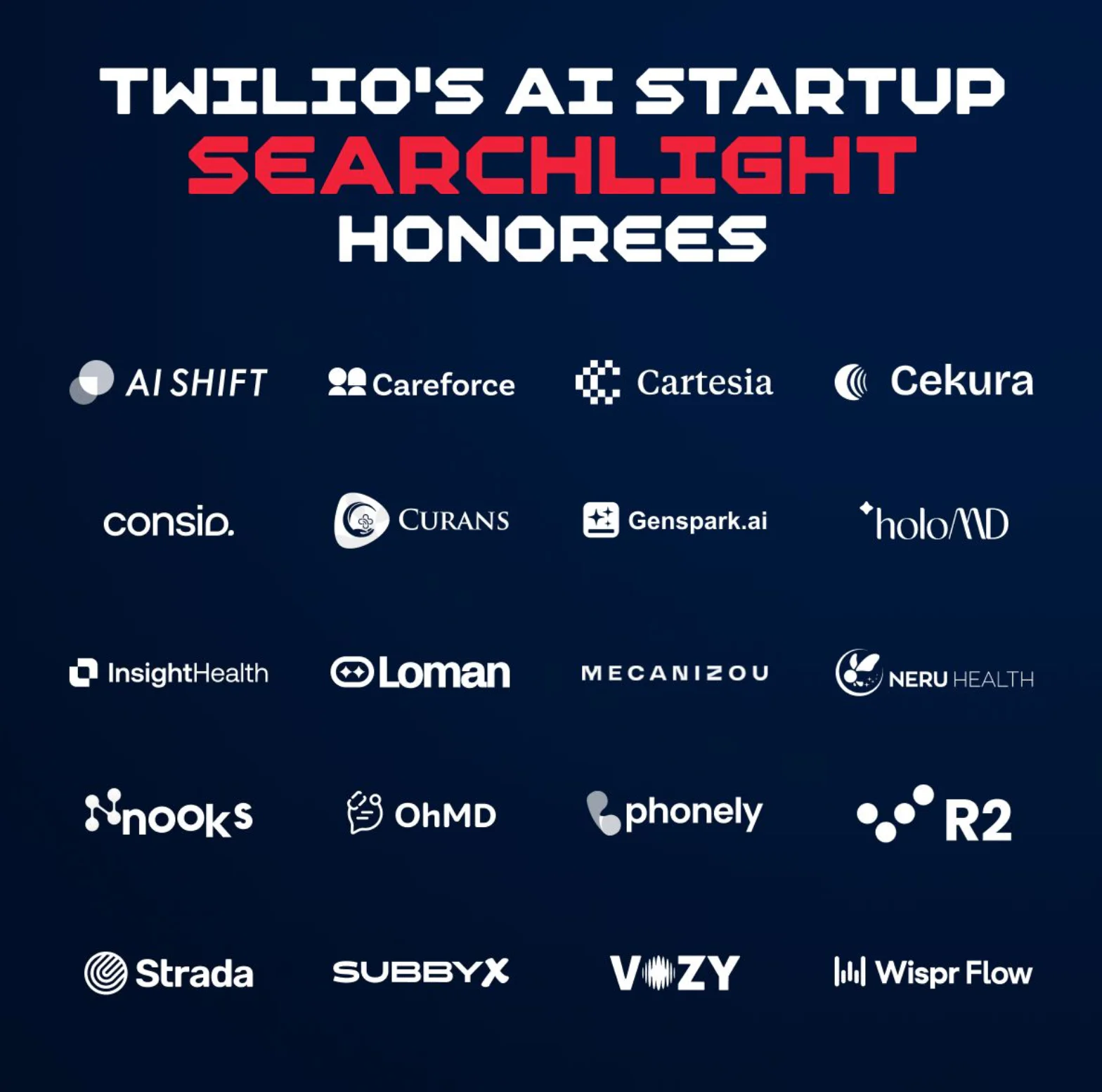 Logos of startups honored by Twilio's AI Startup Searchlight program, including AI Shift, Careforce, and others.