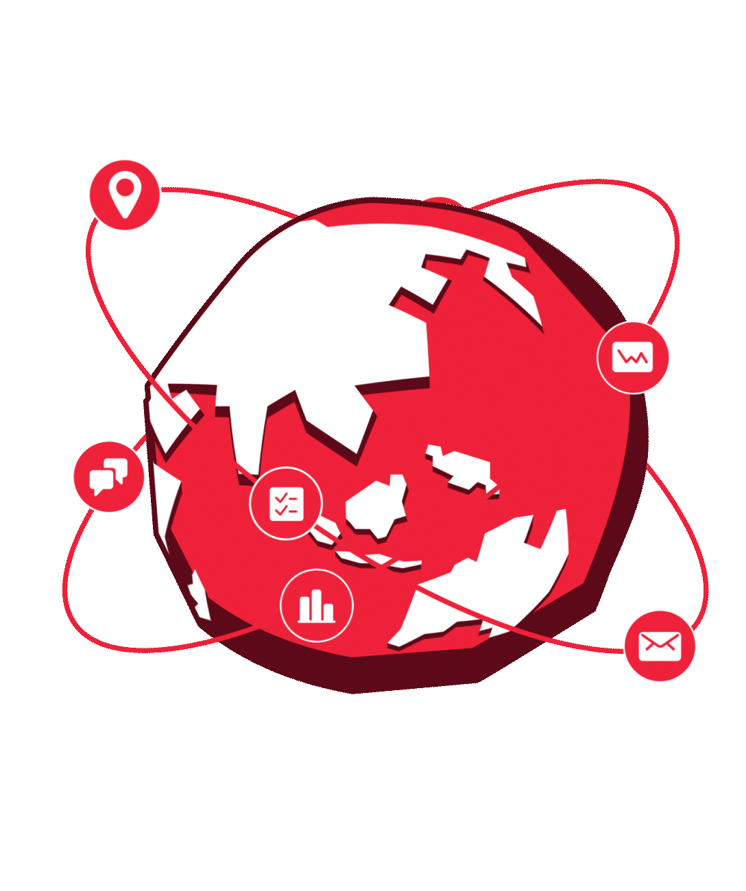 Red and white globe with data and communication icons connected by lines.