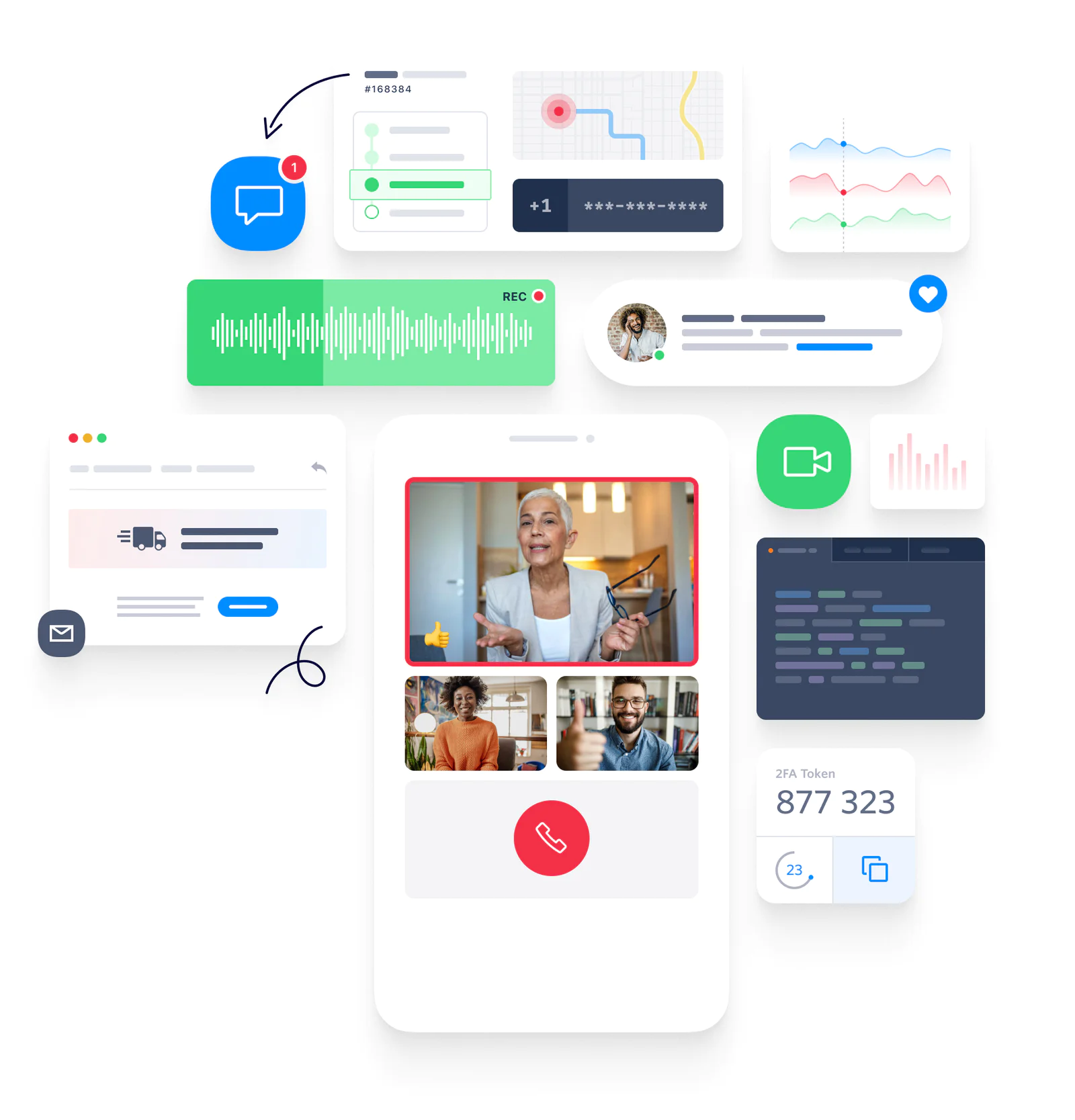 Collage of digital communication, data visualization, and security token in an interface layout.