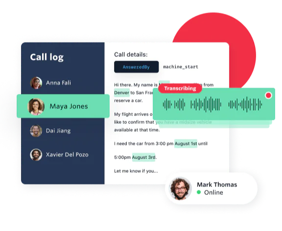 Dashboard showing a call log with contact names, call details, a transcription feature, and an online status.