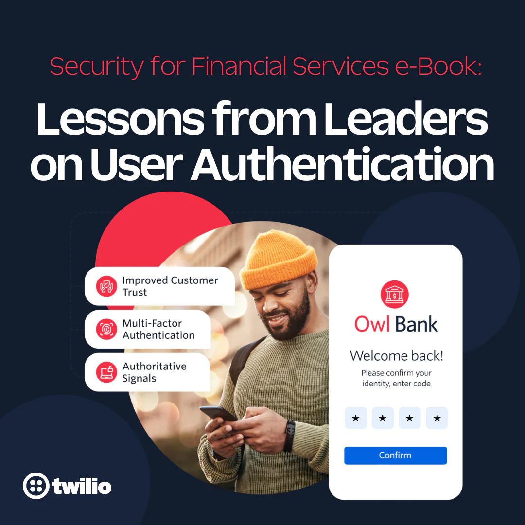 Globe icon Man using smartphone with banking app, promoting an e-book on user authentication for financial services.