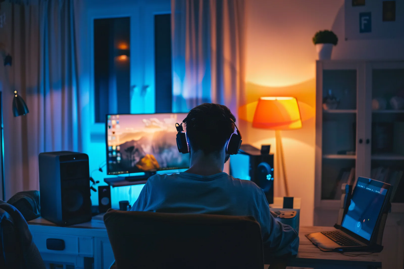 back view of man using modern computer and listening music in headphones at home in neon lights