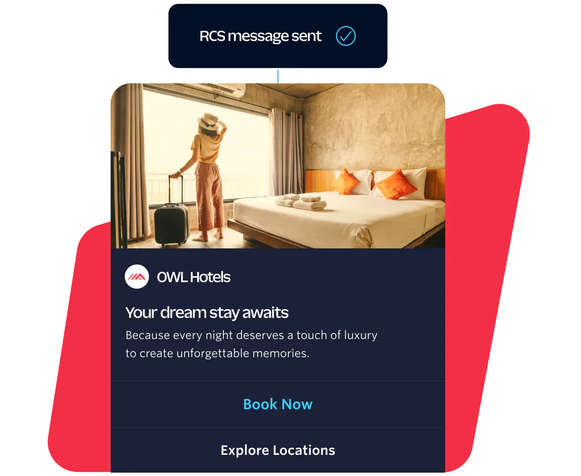Woman with suitcase looking out hotel room window near bed