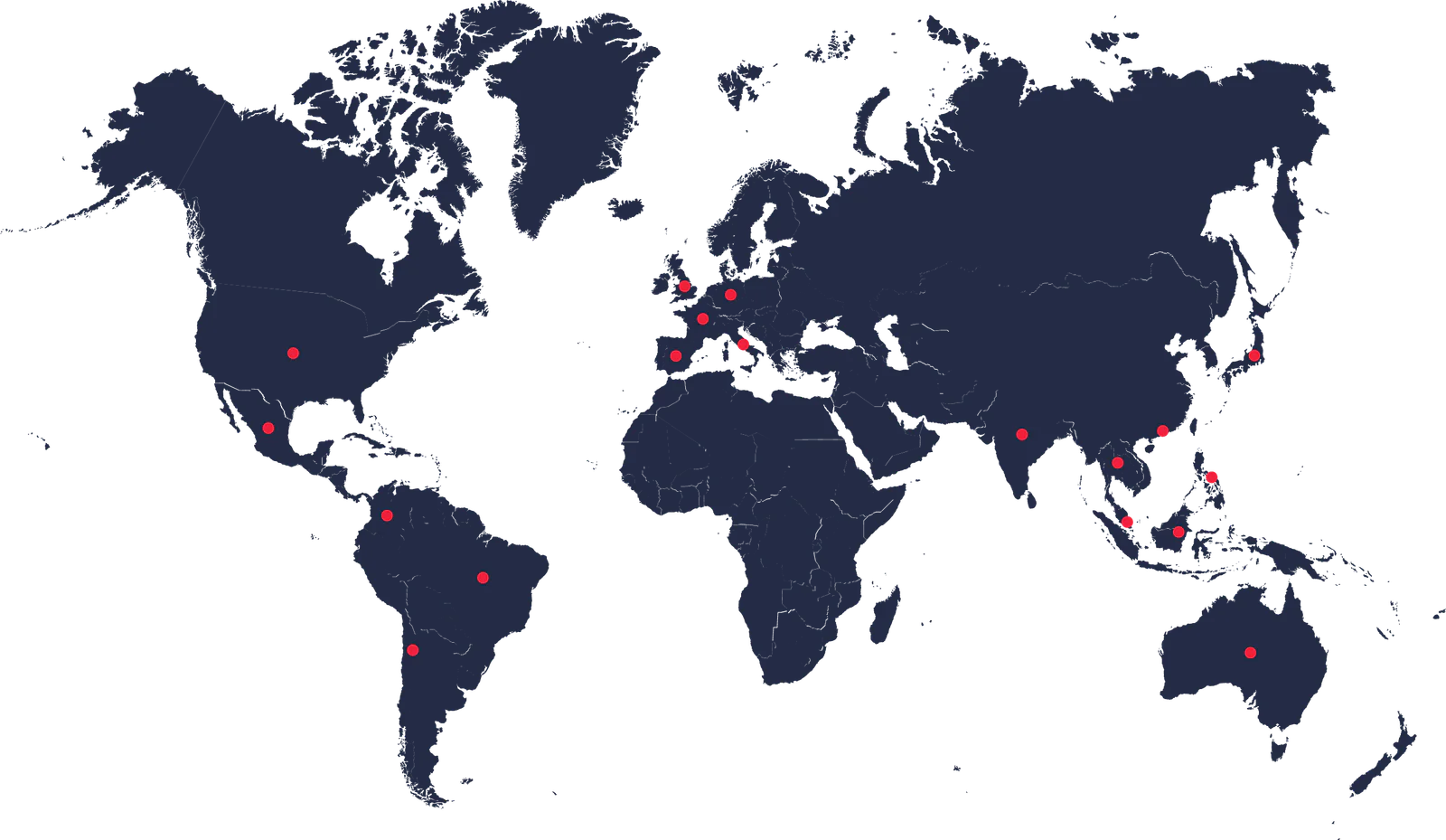 World map with red dots marking key locations globally