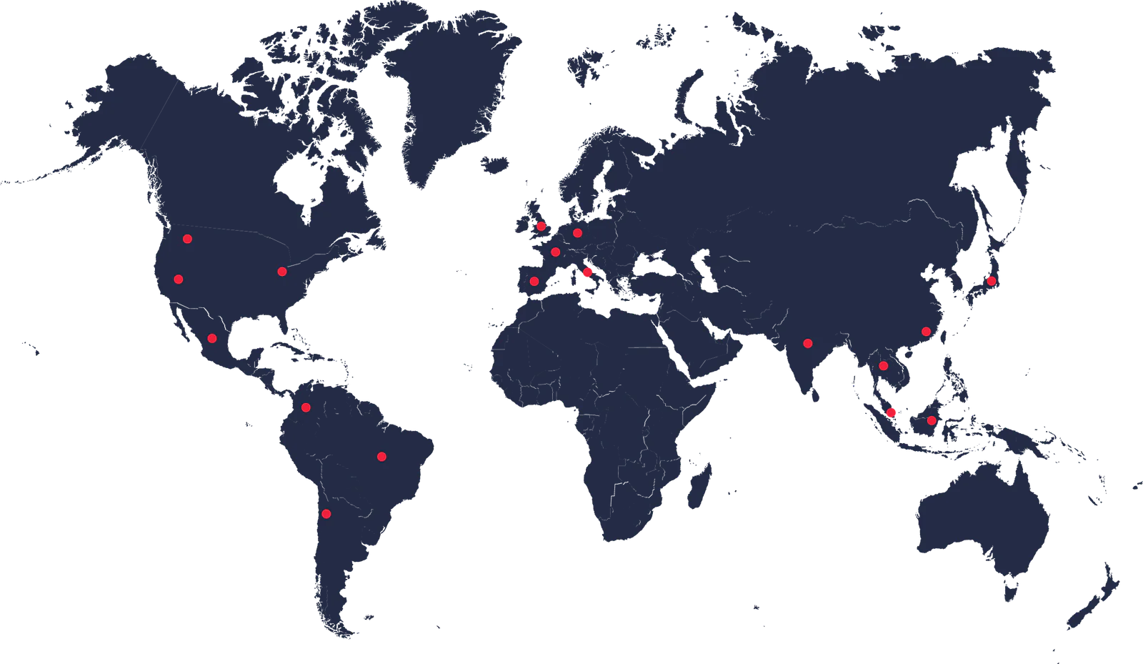 World map with red dots marking key locations globally