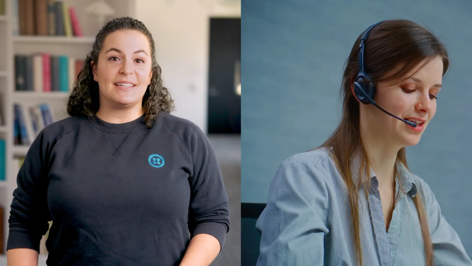 Woman standing and talking, and another woman wearing a headset working on a computer