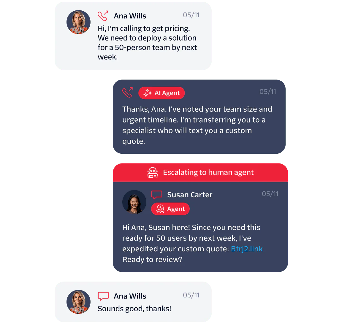 Chat between a customer, AI agent, and human agent discussing a solution for a 50-person team.
