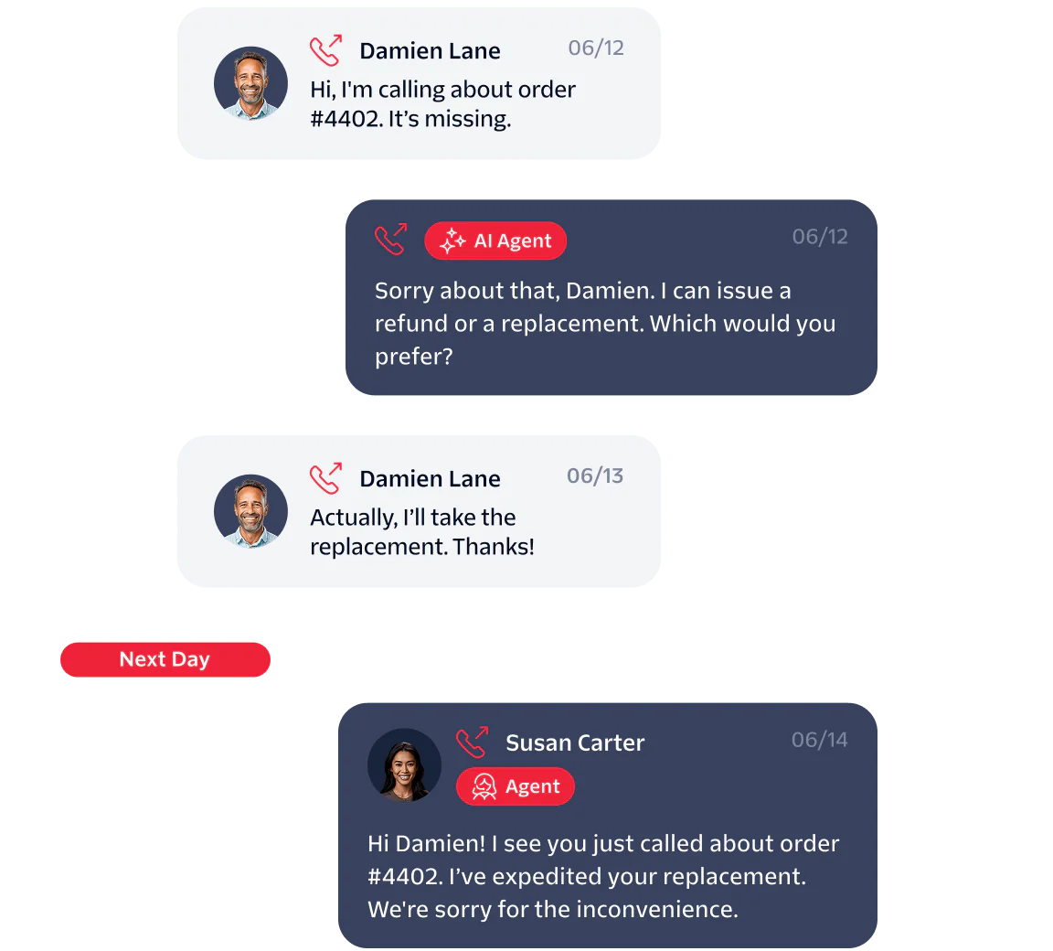 A chat between Damien Lane and AI/real agents about a missing order and replacement request.