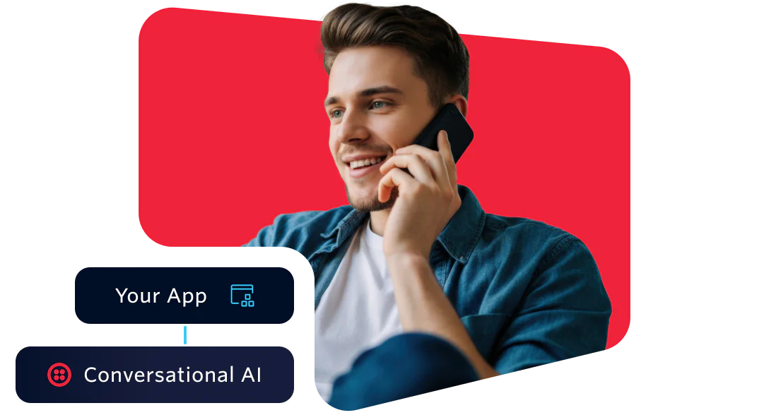 Man Talking on Phone Next to Conversational AI App Diagram Smiling man speaking on phone with app and conversational AI diagram overlay on red background.