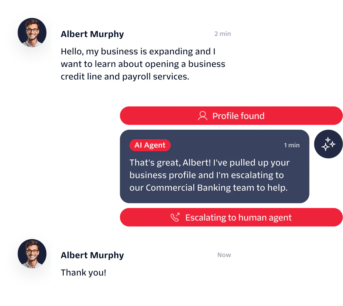Chat exchange where Albert Murphy asks about business services, AI agent finds profile, then escalates to human agent.